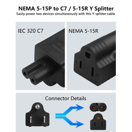 CERRXIAN NEMA 5-15P to C7 / 5-15R Y Splitter Plug Cord 15A / 125V 3Prong Male to Nema 5-15R Female + C7 Female Splitter Adapter Cable - 2ft / 0.6m