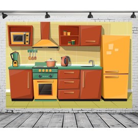 CORFOTO 7x5ft Fabric Cartoon Kitchen Backdrop Modern Family Kitchen Interior Background Baking Room Decorations Baby Shower Decor Kids Cooking Themed Party Backdrop Photoshoot Studio Booth Props
