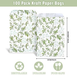 JarThenaAMCS 100Pcs Eucalyptus Party Treat Bag Watercolor Greenery Leaves Paper Gift Bags Elegant Plant Prints Candy Buffet Bags for Wedding Baby Shower Birthday Party Favor