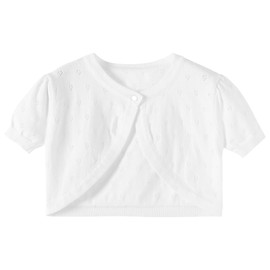 Hvididan White Girls Bolero Shrug, Girls Cardigan Size 6 Short Sleeve, Kids Knit Sweater Hollow Out, Button Cover Up Cropped Tops