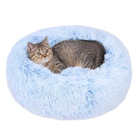 Cat Beds for Indoor Cats - Cat Bed Washable 20/24 inches, Dog Beds for Small Medium Dogs, Anti Anxiety Round Fluffy Plush Faux Fur Cat Bed, Thick Bottom (Cornflower Blue, Medium)
