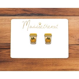 Pumpkin Coffee Cup Wood Stud Earrings | Holiday Jewelry | Orange and Green | Hand Painted