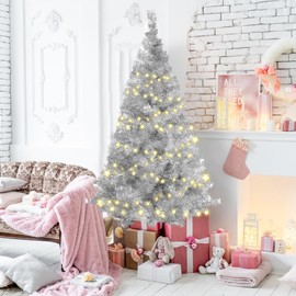 Adiwiid 5ft Silver Christmas Tree for Home, Office, Party Decoration, Artificial Tinsel Christmas Tree for Xmas Seasonal Holiday Decoration Indoor Outdoor (Silver-5ft)