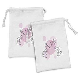 Lunarable Pelican Fabric Pouch Set of 2, Design Polygonal Outline Birds with Rounds Print, Small Drawstring Bag for Toiletries Masks and Favors, 9" x 6", Pale Pink Charcoal Grey