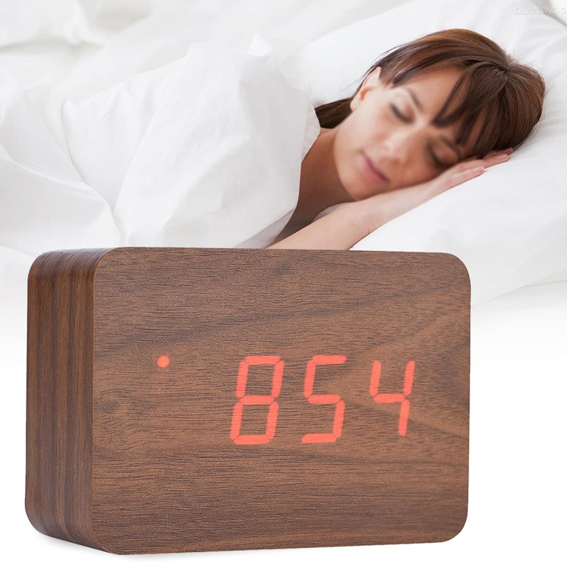 LED Wooden Alarm Clock, Alarm Function/Voice Control and Continuous Light