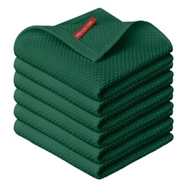 Artoid Mode Waffle Dark Green 100% Cotton Soft Kitchen Towels Tea Towels, Set of 6, 30 x 30 cm, Washable, Absorbent Dishcloths, Cleaning Kitchens