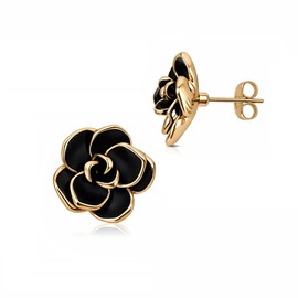 FAIRY COUPLE Rose Flower Stud Earrings for Women, Black Enamel Camellia Style Stud Earrings, 18K Rose Gold Plated Fashion Statement Earrings, Elegant Floral Jewelry Gift E360