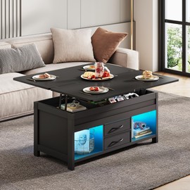 WLIVE 40" Lift Top Coffee Table, 4 in 1 Coffee Tables with Storage, 2 Fabric Drawers, LED Light and USB, Modern Coffee Table with Hidden Compartment for Living Room, Dining Room, Black