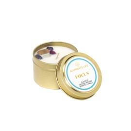 Aluminate Life Luxury Candle Tin, 4 OZ, Focus - Fluorite Crystal Infused - Scents of Orange, Ginger, Ylang-ylang, & Lavender - Awareness, Mental Order, & Clarity - Coconut Wax Blend, Essential Oils