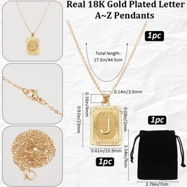 Beebeecraft 1 Box 1Pc Initial Letters Square Necklaces 18K Gold Plated Brass Alphabet J Necklaces with Rectangle Velvet Pouches for Men Women