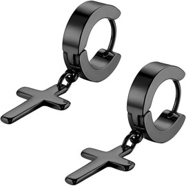 Cupimatch 3-6 Pairs Stainless Steel Cross Dangle Huggie Hinged Hoop Earrings for Men Women (1 Pair Black Cross)