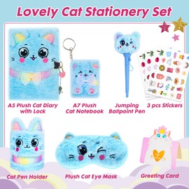 Pinkgarden Cat Diary Set - Plush Journal Notebook Set with Pen Holder, Ballpoint Pen, Eye Mask & Stickers - Perfect Gift for Girls Aged 6-12