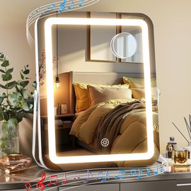 MINISO Vanity Mirror with Lights and Bluetooth Speaker, 10.6" x 13.8" LED Makeup Mirror, Light & Brightness Smart Sensor, Aluminum Alloy Metal White Frame, with 10X Magnifying Glass