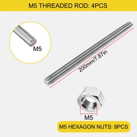 M5 Threaded Rod 200 mm 4 Pieces Threaded Rods Fully Threaded Rod Stainless Steel 304 Threaded Rod with 8 Hex Nuts for Making Engineering Furniture (M5 x 200)