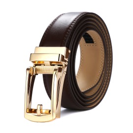 Tonywell Mens Leather Ratchet Belts with Open Buckle Perfect Fit Dress Belt 30mm Wide (One Size:32"-45" Waist, Brown Leather & Gold Metal Buckle)