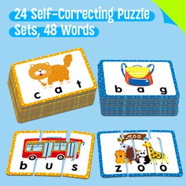 24 Set 3-Letter Word Puzzle Cards, 72 PCS Self Correcting Word Spelling Puzzles, Double Sided Puzzle Cards for Kindergarten Preschool Learning