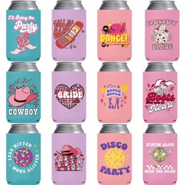 Pop Nordic Disco Cowgirl Bachelorette Party Can Cooler - Let Go Girls Themed Party Can Sleeve 12-Pack Bridal Shower Beer Holder Neoprene Insulated Beer Cozy Bulk for Nashville Bachelorette Party Favor