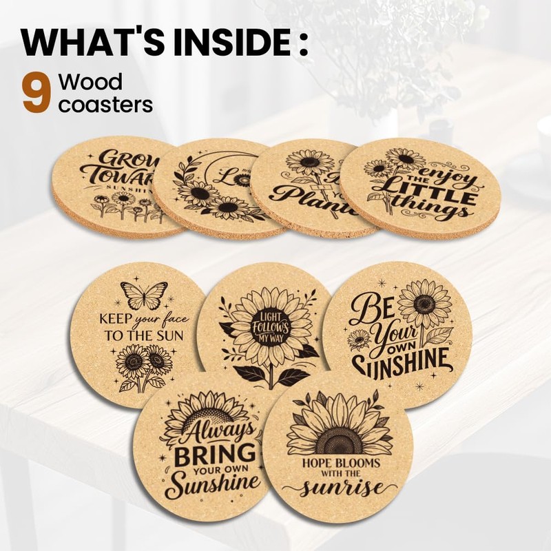 ANATTASOUL Round Wooden Coasters, Pack of 9, Sunflower Wooden Coasters,