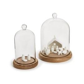 Two's Company Cloche with Ball Handle and Wood Base, 2 Different Sizes, Wood and Glass, 7-inches and 8-inches Height, Clear, 54737-20