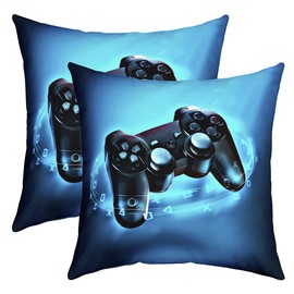 Homewish Gaming Pillowcases 40 x 40 cm, Set of 2, Game Cushion Covers for Children, Boys, Girls, Video Game Gamer Cushion Covers, Teens Gamepad Decorative Accent Cushion Covers for Home, Blue Black