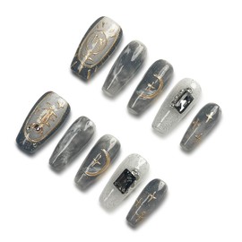 Wsiliana Handmade Press on Nails Medium Long coffin Sequins Tips Blue Purple with 3D Diamond Design Acrylic Fake Nail 10Pcs With Storage Box (010 XS)