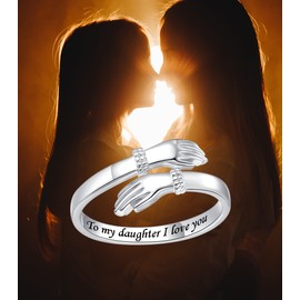 Step Forward To My Daughter Ring Adjustable: S925 Sterling Silver Wrap Hug Ring Open Hand Rings I Love You Gift Jewelry for Women - Christmas Anniversary Birthday Valentine's Day Graduation Gifts