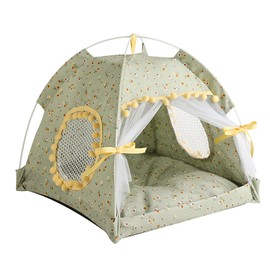 Cat Tent House Semi Enclosed Foldable Ventilate Gauze Curtain Portable Summer Pet Tent Nest for Pet Cat Dog 40x40x37cm / 15.7x15.7x14.6in, Suitable for Pets Up to 2.5kg/5.5lb Fruit Green Flowers