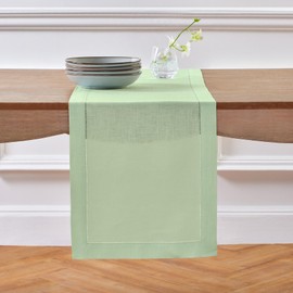 Solino Home Small Easter Table Runner 36 Inch - Classic Hemstitch 100% Pure Linen Light Green Table Runner 14 x 36 Inch for Dresser and Coffee Tables