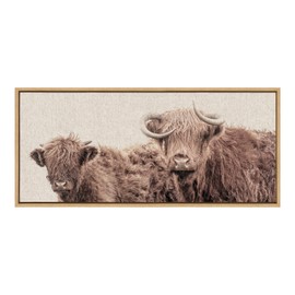 Kate and Laurel Sylvie Two Highland Cow Best Friends Color Neutral Linen Bright Framed Canvas Wall Art by The Creative Bunch Studio; 18x40 Natural; Wide Farm Animal Portrait Art for Wall