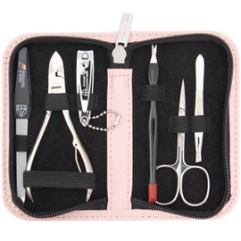 DREI SCHWERTER - Germany 6-Piece Manicure Set 'Torino' | Nail Care Set in Faux Leather Case Pink | Contents: Cuticle Scissors, Nail Clippers, Nail Clippers, Tweezers, Sapphire Nail File, Cuticle