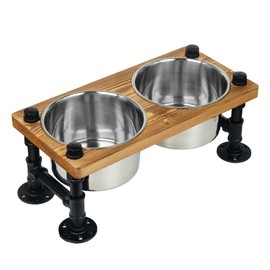 Rustic Wood and Industrial Metal Dog Cat Raised Bowls Elevated Pets Bowl Stand for Large Dogs and Cats Pet Feeder with Two Stainless Steel Bowls (Baked color)
