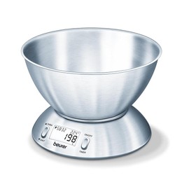 Beurer KS54 Báscula de cocina digital, balanza de cocina con bol Grande de Acero Inoxidable, Temporizador y Termómetro Ambiental