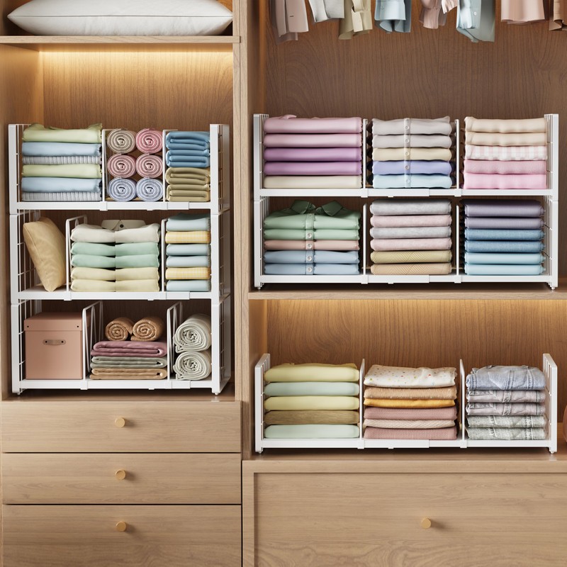 2-Pack Closet Organizers Stackable Clothing Storage Shelves, Expandable Clothes Shelf