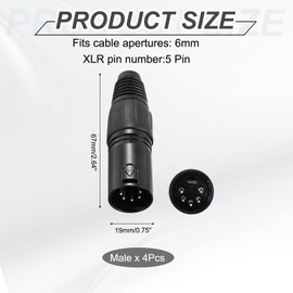sourcing map 4pcs 5 Pin XLR Male Connector, Microphone Audio Cable Plug Mic Socket Accessories for Mixer, Power Amplifier, Black-2.64 inch