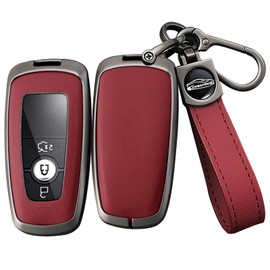 ontto Car Key Fob Cover Fit for Ford Focus Edge Explorer Expedition Everest Fusion Mondeo Mustang 2/3/4/5 buttons Smart Alloy Leather Key holder Shell case bag keyring keychain accessories Red A