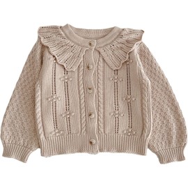 Princess Baby Girl Knitted Cardigan - Cute Doll Collar, Crochet Button Closure - Winter Outerwear Kids Tops (US, Age, 18 Months, 24 Months, Apricot)