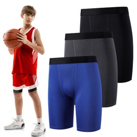 Hoolerry 3 Pcs Youth Boys Compression Shorts Athletic Underwear Sports Performance Boxer Briefs Spandex Underwear for Running (Black, Gray, Navy Blue,Medium)