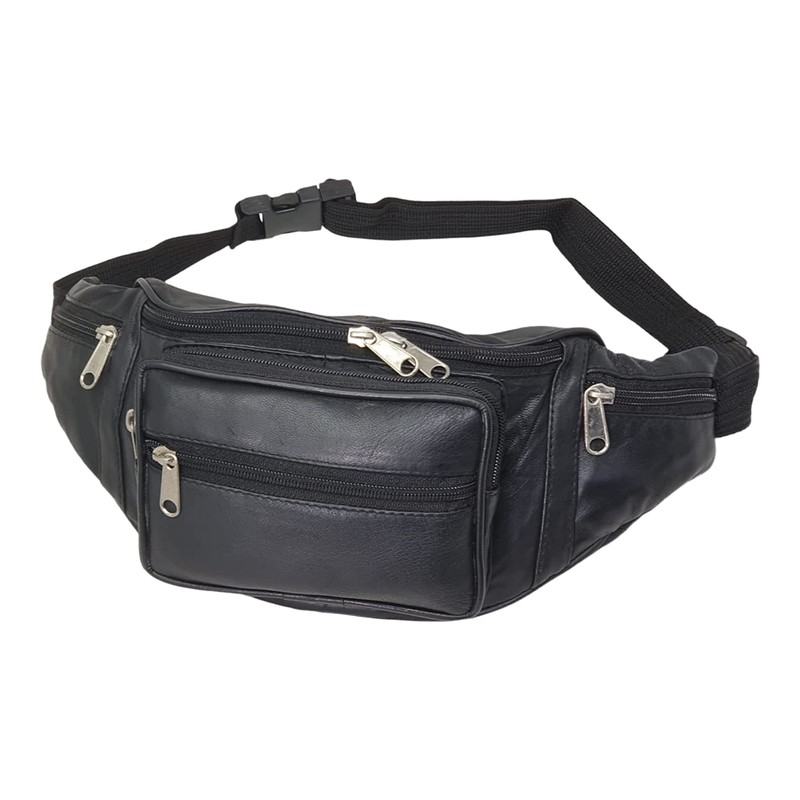 RAS Unisex Black Leather Large Travel Money Pouch Waist Bum