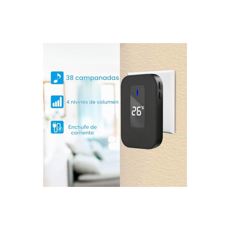 Timbre Inalámbrico para Puerta,MYDEAR Enchufable Timbre Inalámbrico Exterior,38 Melodías Ajustables,4