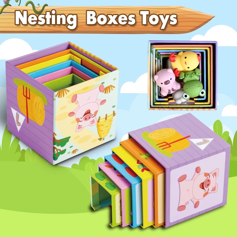 Shylizard Toddler Farm Animal Sorting and Stacking Toys, Nesting Boxes