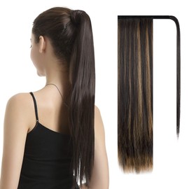 BARSDAR Ponytail Extension - 24 Inch Long Straight Wrap Around Ponytail for Women Clip in Ponytail Hair Extensions Synthetic Highlight Ponytails Hairpieces Daily- Dark Brown with Highlights