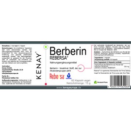 Berberine HCL Rebersa (Berberis aristata) - 500 mg per daily dose - vegan - without magnesium stearate - 60 capsules vege Kenay Europe