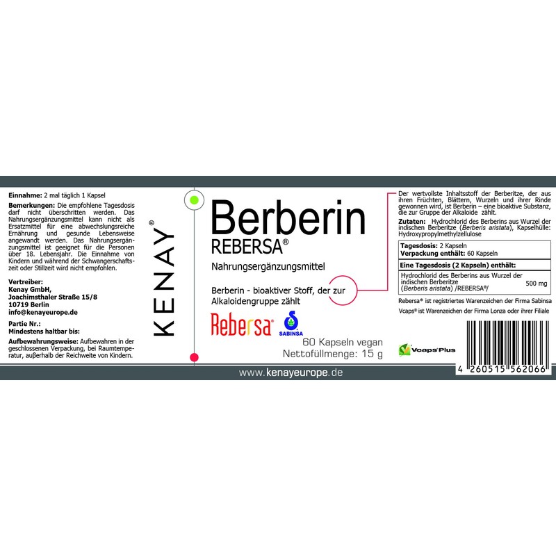 Berberine HCL Rebersa (Berberis aristata) - 500 mg per daily