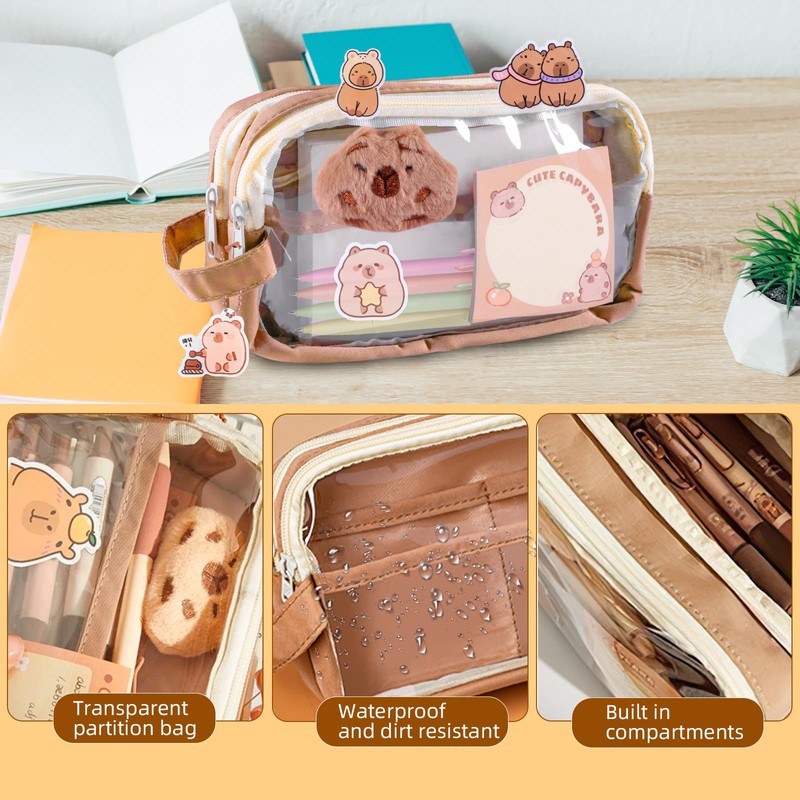 SHANFAA Cute Capybara Pen Case Set, Transparent Capybara Pen Bag
