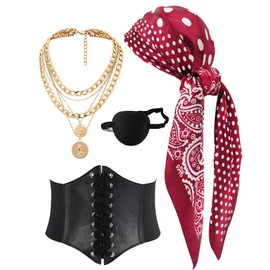 kasahara 4 Pcs Pirate Costume Accessories Women Pirate Bandanas Head Scarf Medieval Corset Eye Patch Necklace Jewelry Red & Black Corset