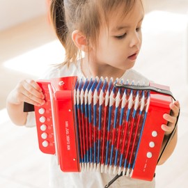 Woet Red Toy Accordion for Children, Musical Instrument with Songbook and 8 Songs, Beginners Educational Toy, Musical Development, Creative Learning, Gift, from 3 Years