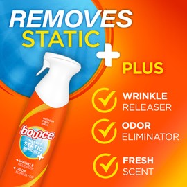 Bounce Anti Static Spray, 3 in 1 Instant Anti Static Spray & Instant Wrinkle Release, Odor Eliminator and Fabric Refresher Spray (9.7 Fl Oz, Pack of 1)