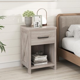 Giantex Farmhouse Nightstand, Wooden Bedside Table with Storage Drawer & Open Shelf, End Side Table, Rustic Night Stand for Small Space Bedroom & Home Office, Antique Brush White