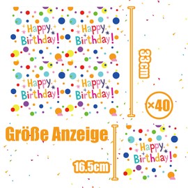 Pack of 40 birthday napkins, 33 x 33 cm, table decoration, birthday napkins, colourful polka dots, happy birthday napkins, children's birthday party decoration for boys and girls