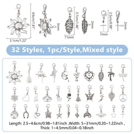 DICOSMETIC Pack of 32 Alloy Clip On Bracelet Pendants Assorted Pendants with Clasps Jewellery Accessories for DIY Earrings Necklace Craft Decoration Antique Silver & Platinum